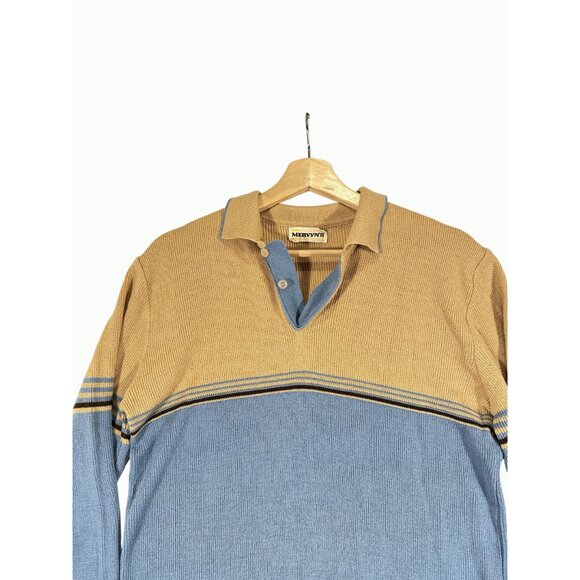 vintage mervyns Men Collection Tan Blue Pullover Sweater Medium Retro Hipster - Picture 13 of 14